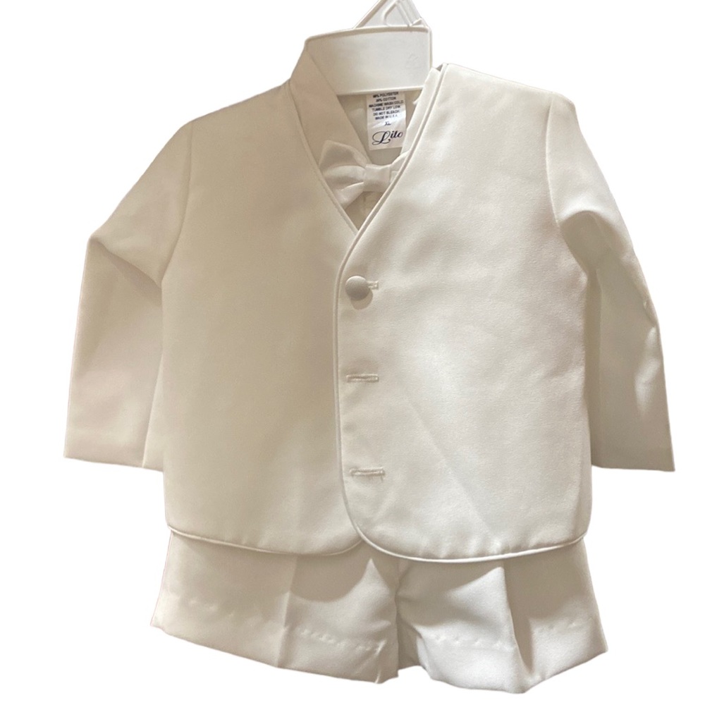 4 piece Trendy Collarless White Christening Short Suit